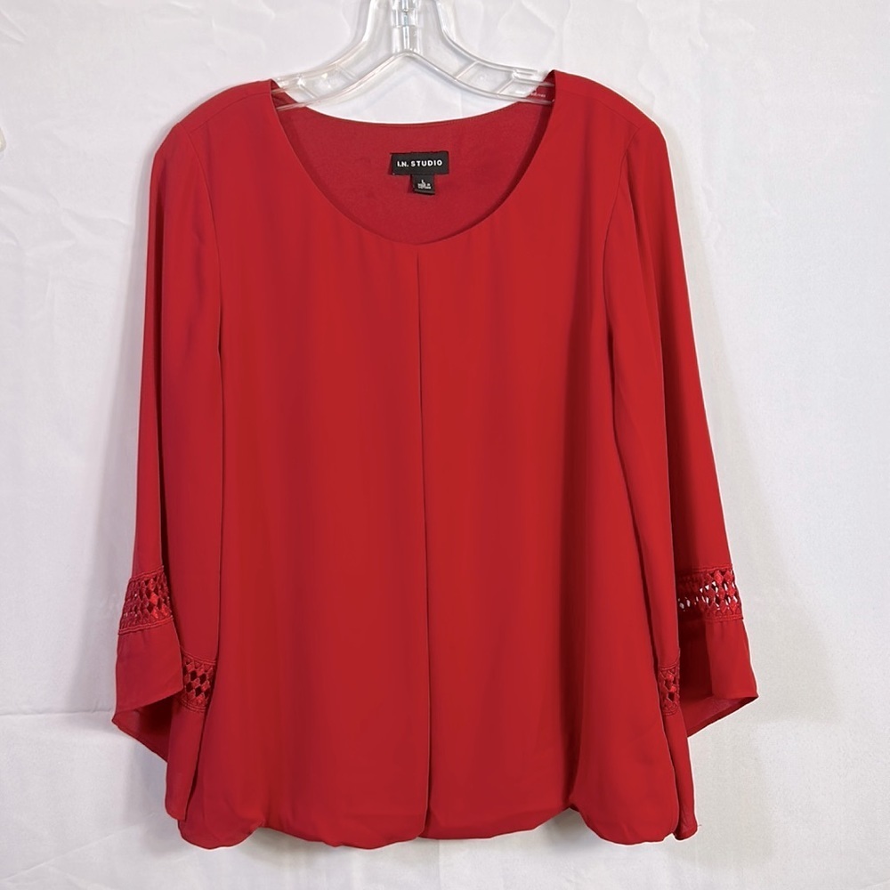 I.N Studio Red Blouse Sz Large Flared Red Sleeve With Lace Elastic Hem like new